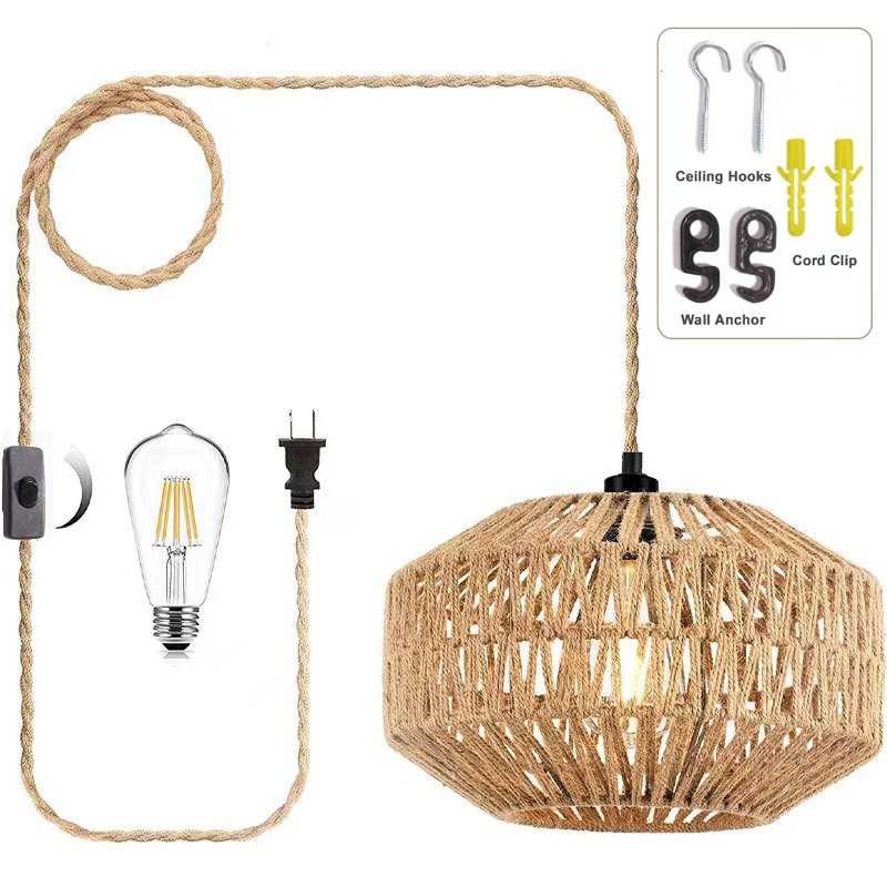 插入式藤条编制吊灯灯光调节开关电木灯头麻绳悬R挂灯农舍餐房餐