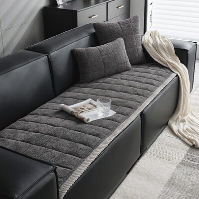 KASA新羊绒办公室沙发垫深灰色简约防滑冬季真皮沙发坐垫实木组合