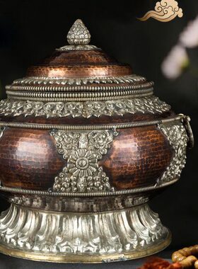 尼泊尔藏式糌粑盒收纳盒储物盒民族风复古手工纯铜装饰民宿摆件