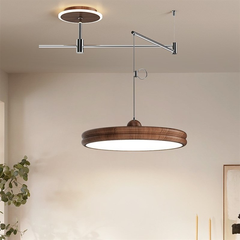 餐厅吊灯摇臂中古风复古胡桃A木纹简约可移位吧台饭厅餐桌灯具