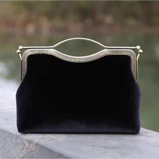 手工布艺27M唇形复古旗袍丝86绒口金d材iy料包铜色古手C拎女大包