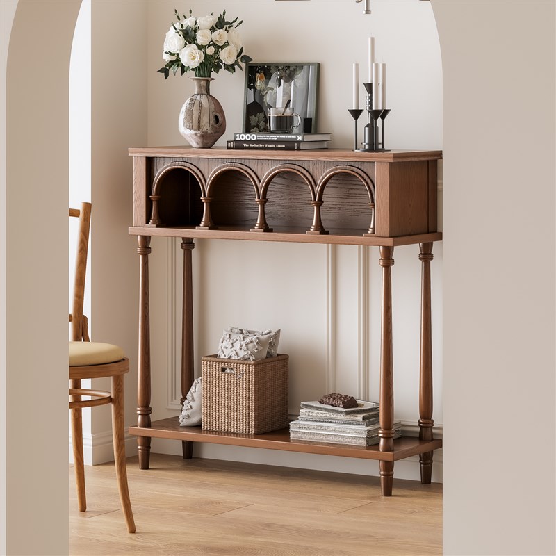 谷及 中a古实木大师设计拱门玄关台家用客厅入户玄关桌墙边置物架