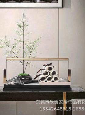 新中式创意书绿沙圈白石植摆件H521样板房书柜茶几电视柜店酒软装