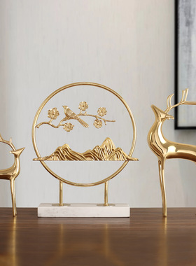 轻奢黄铜麋鹿摆件创意入户玄x关装饰品新中式招财摆设纯铜乔迁礼