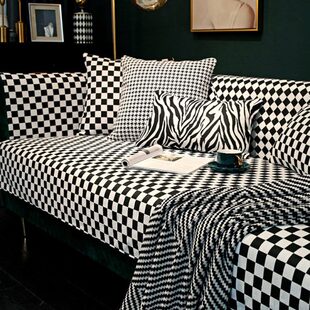 黑白格沙发垫四季通用防滑简约现代轻奢北欧客厅布艺沙发套罩巾盖