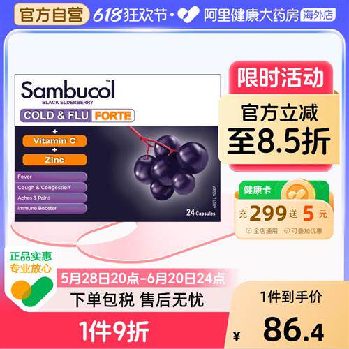 澳洲Sambucol黑接骨木莓小黑果维C+锌提高成人免疫力保健胶囊24粒