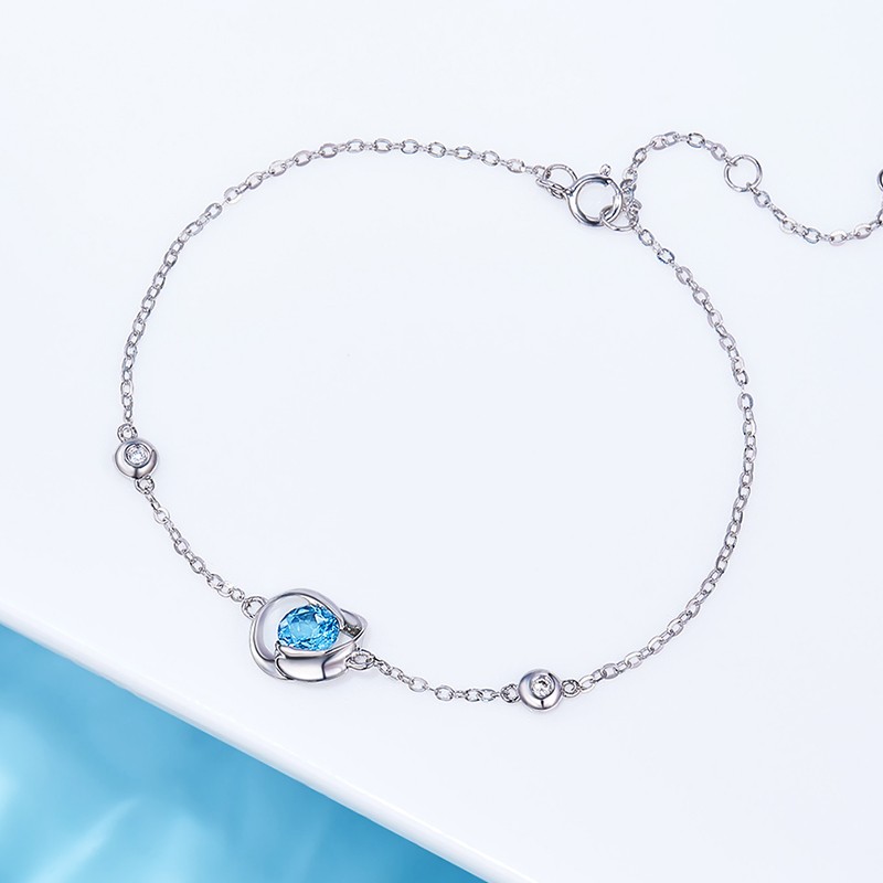 范琦银饰 一见钟情手链925w银女蓝色锆石简约玫瑰花手饰送礼物配