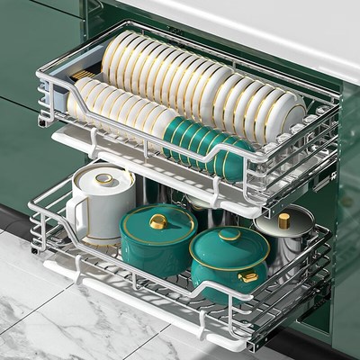 304不锈d钢拉篮厨房橱柜抽屉收纳置物碗篮双层厨柜内碗架放碗拉蓝