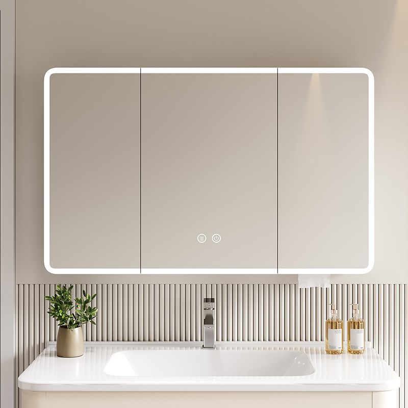 太空铝圆弧形浴室镜柜智能灯光储物柜卫生间挂P墙式带梳妆镜抽纸