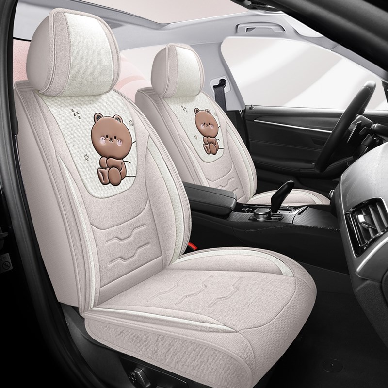 亚麻汽车坐垫四季通用全包围座椅套布艺卡K通可爱座套车内座垫女