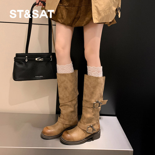 星期六西部牛仔长靴女款复古骑士靴厚底高筒堆堆靴秋冬美拉德女靴