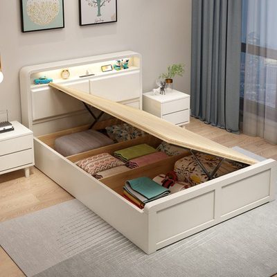 全实木单人床1.2m1.35米小户型儿童床侧开气压高箱储物床现代简约