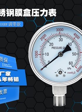 不锈钢膜盒压力表YE-100BF 4 6 10 16 25 40 60 100KPA带调零款式