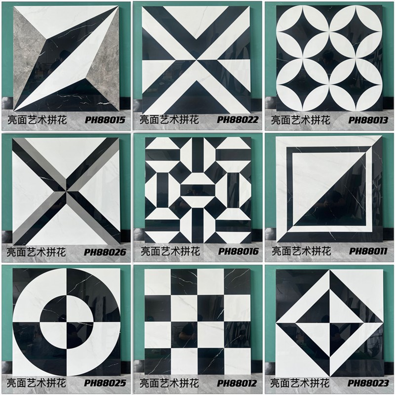 现代亮光黑白拼花瓷砖n800x800理发店专卖店酒吧会所餐厅KTV地砖