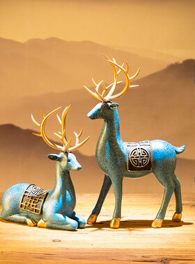 梅花鹿麋鹿一路高升大号r一对招财新中式客厅酒柜装饰品小摆件家