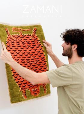 69x54 ZAMANI™迷你老虎 藏式地毯 纯手工羊毛中国 ins风绿色挂毯