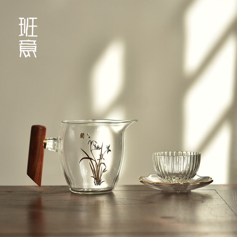 班意 公道杯玻璃加厚日式带把贴锡梅花木柄耐热公杯功夫茶茶具