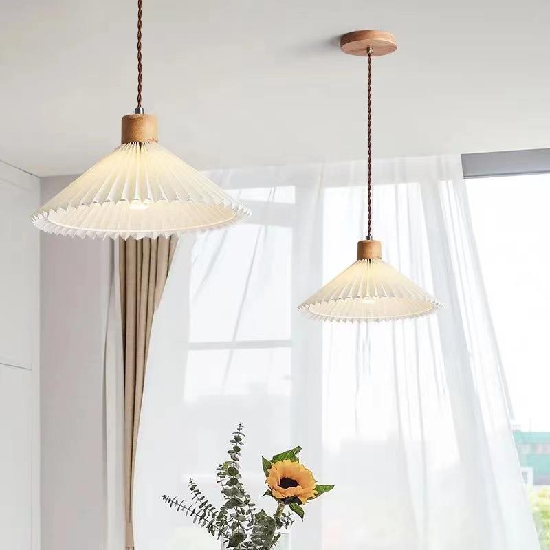 北欧ins百褶床头吊灯实木家用卧室餐桌饭厅日式民宿极简创意灯具