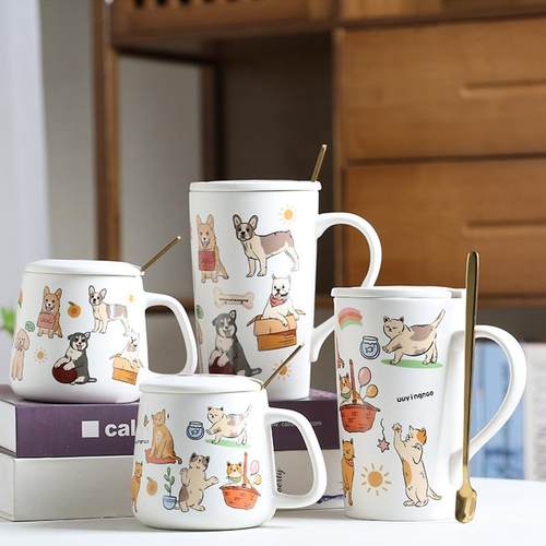 陶瓷马克杯咖啡杯带盖勺办公室水杯子情侣牛奶杯卡通猫狗杯 定 制