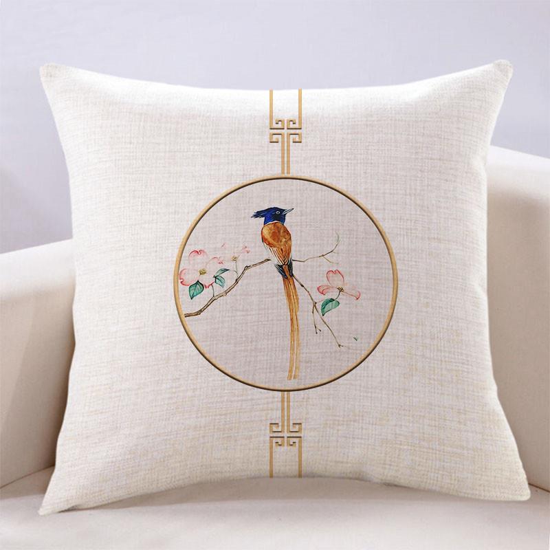 5ZV7新中式古典简约花鸟抱枕客厅客厅沙发方形靠枕卧室床上枕