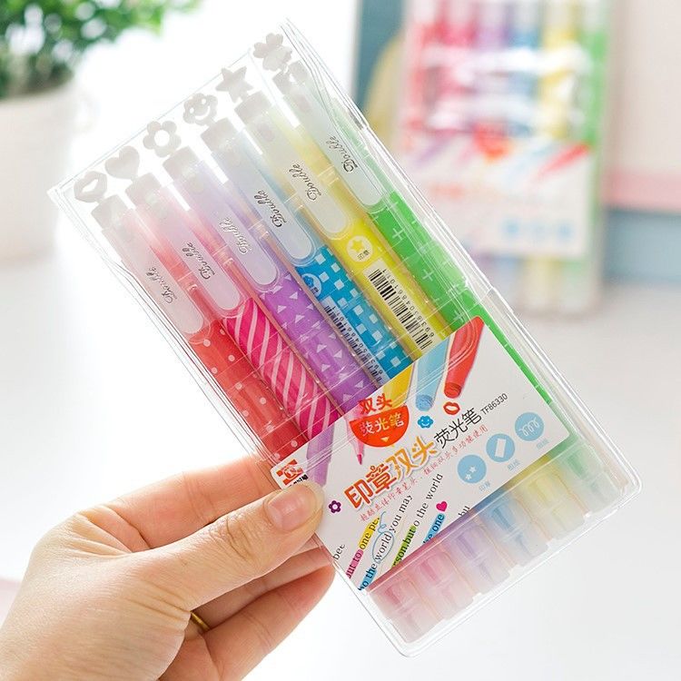 6色荧光笔带印章学生用
