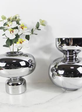 现代简约电镀银色彩色蓝色玻璃花瓶样板间售楼处餐桌花器玄关摆件