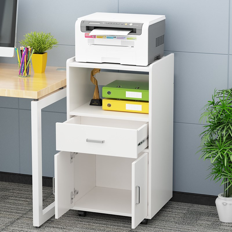 落地可移a动办公置物架实木打印机架文件柜多层收纳架带门桌边柜