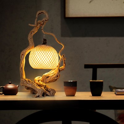 根艺竹编台灯落地灯禅意s孤品古朴侘寂风原生态根雕茶室民宿木摆