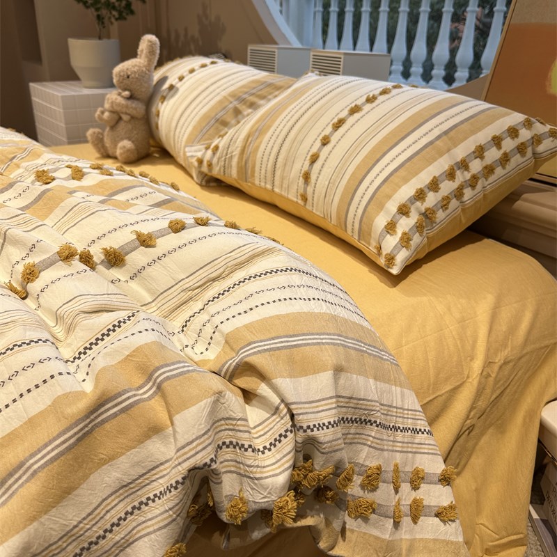色织水洗棉芝士g奶酪黄毛球球床上四件套全棉1.5m1.8米公寓被套三