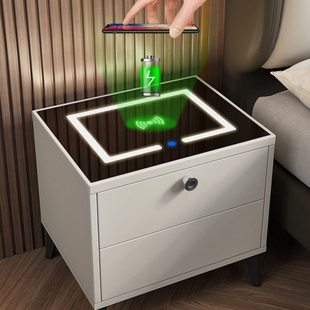 智能床头柜现代简约收纳柜子无线充电面板多档夜灯指纹解锁储物柜