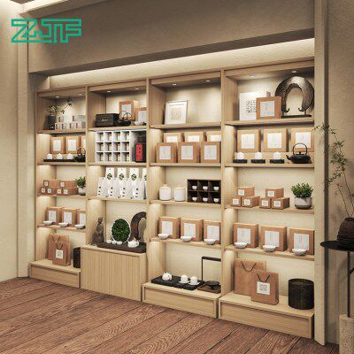 众匠坊茶叶店铺货架展示架茶具摆放带灯木色白洒陈列架展示柜新款