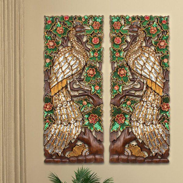 东南亚风柚木孔雀雕花板彩玻饰面墙面装饰琉璃长方形玄关实木壁挂,家居饰品,壁饰,淘宝优惠券,粉丝福利购,淘宝优惠卷