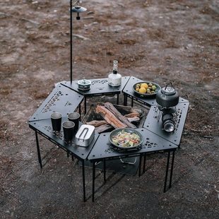 户外组合桌烧烤桌围炉桌露营围桌置物架拼接六角桌子轻量便携小桌
