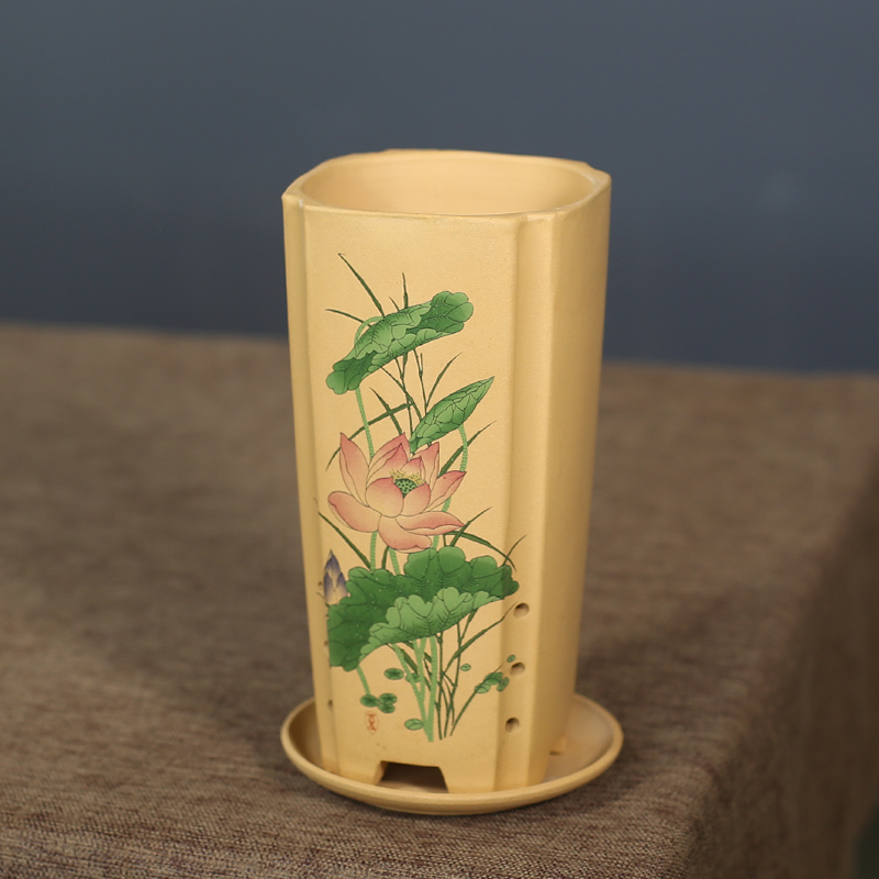 紫砂四方兰花盆泥绘大号陶瓷老桩文竹兰草小榕树古典X盆景带托签