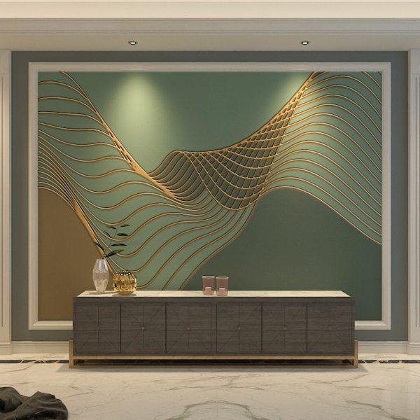 绿色线条电视背景墙壁纸简约现代客厅卧室轻奢墙布3D艺术壁画墙纸