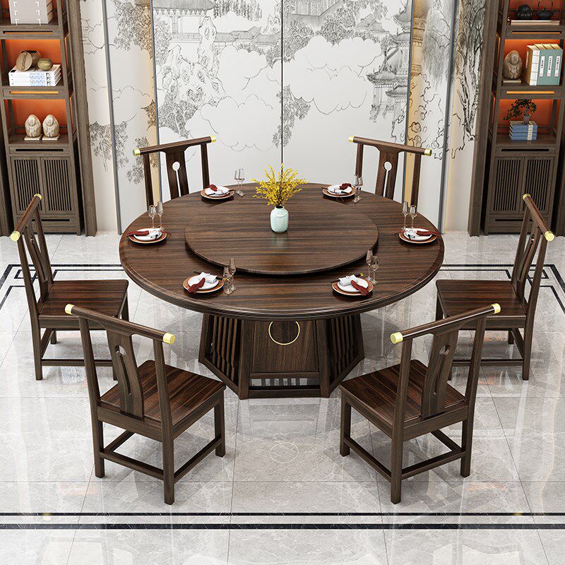 新中式乌金色实木餐桌带转盘1.6m米8人圆形饭桌椅组合高档大圆桌
