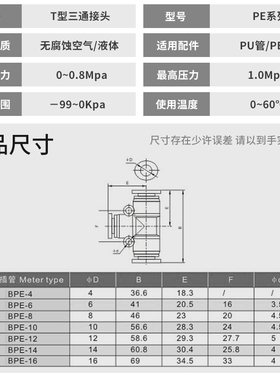白色镀镍气动元件气动三通快速接头BPE APE PE-4/6/8/10/12/16mm
