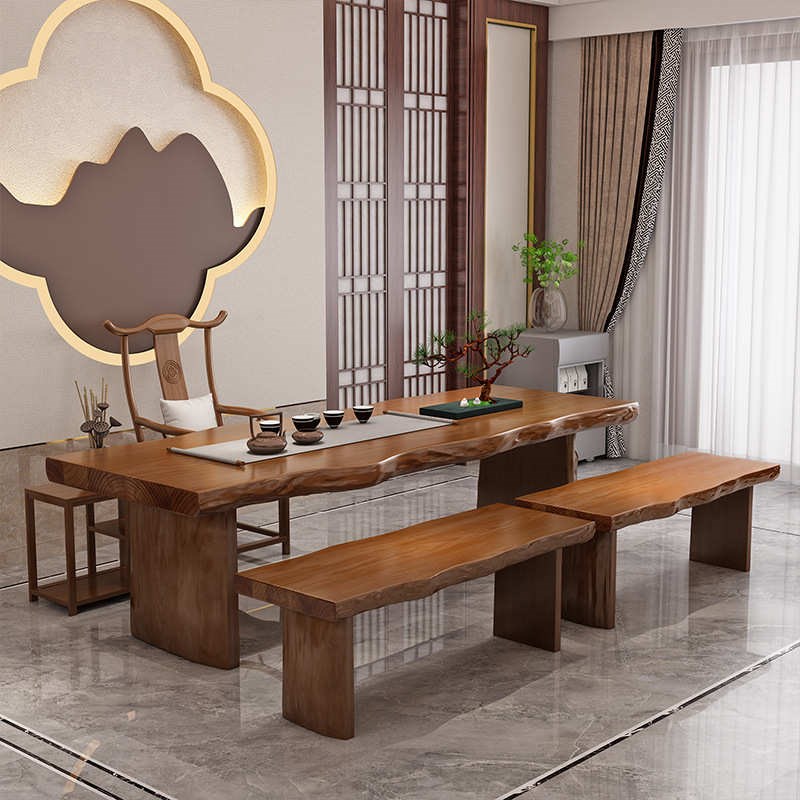 家用组合待客f茶桌大板实木板茶馆 整客厅椅新中式桌椅泡茶不规则