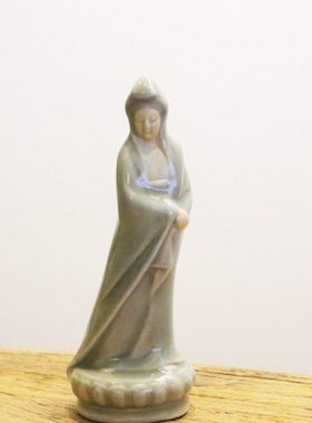 七八十年代国营汝瓷厂煤烧观音摆件青瓷家居饰品莲花老汝瓷