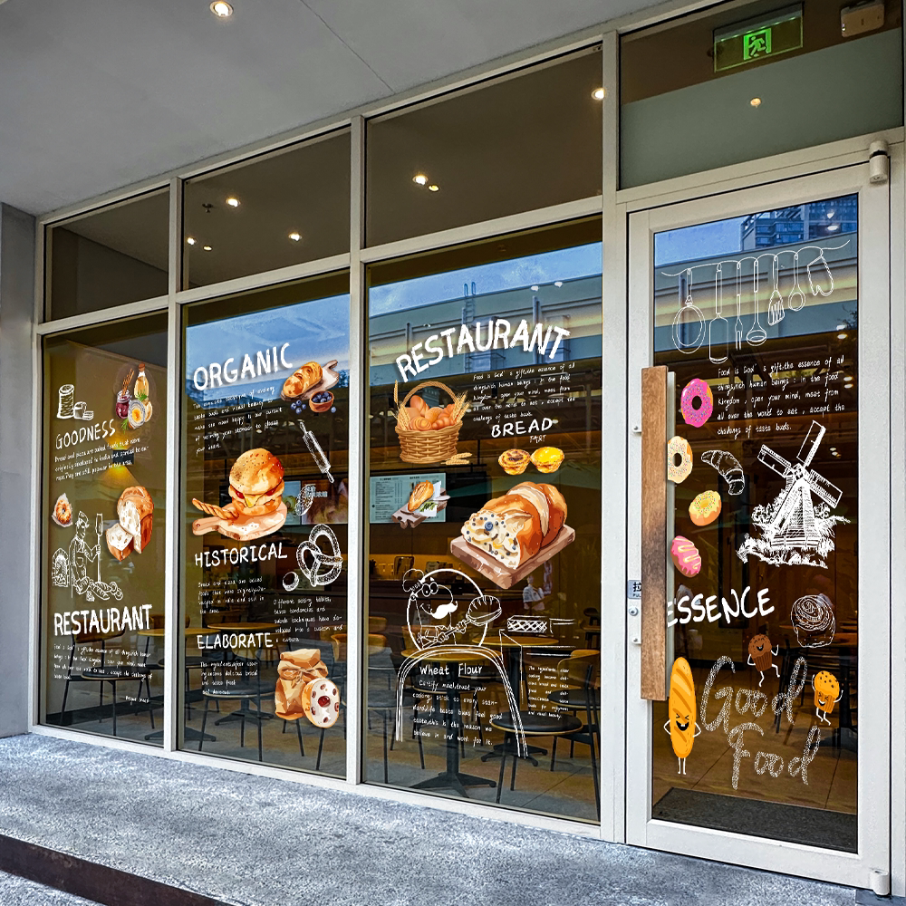 创意面包店玻璃贴纸蛋糕店手绘可爱墙贴画奶茶店铺橱窗氛围布置