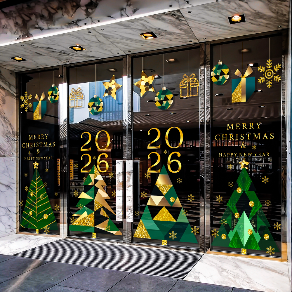 商场圣诞节新年氛围装饰橱窗玻璃贴纸酒店售楼部双旦活动场景布置
