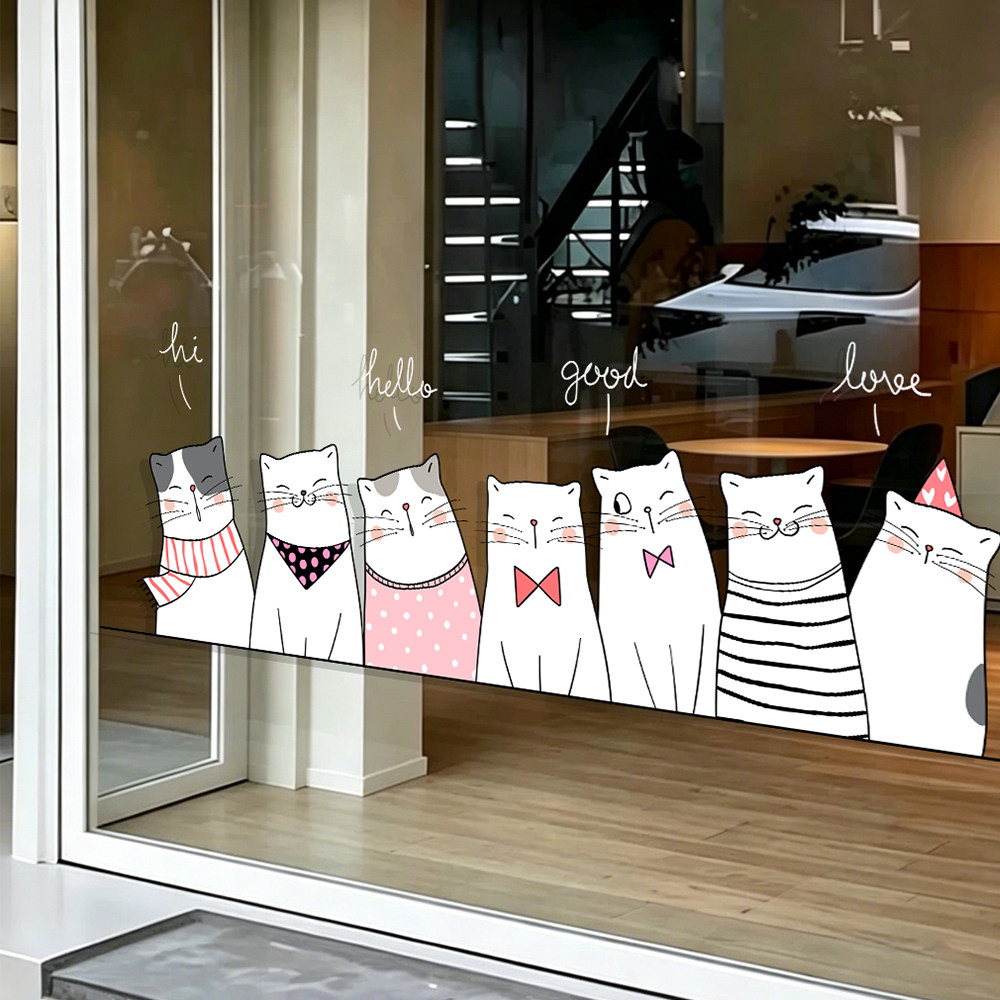 简约线条猫咪玻璃贴纸治愈系咖啡甜品店猫咖防撞装饰窗花静电贴画