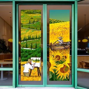 梵高星空系列玻璃门贴纸金色向日葵油画艺术画室美术室美化UV装饰