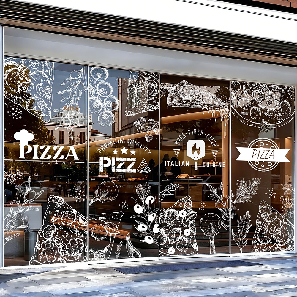 ins网红极简披萨汉堡店玻璃贴纸pizza咖啡馆快餐店落地窗氛围美化