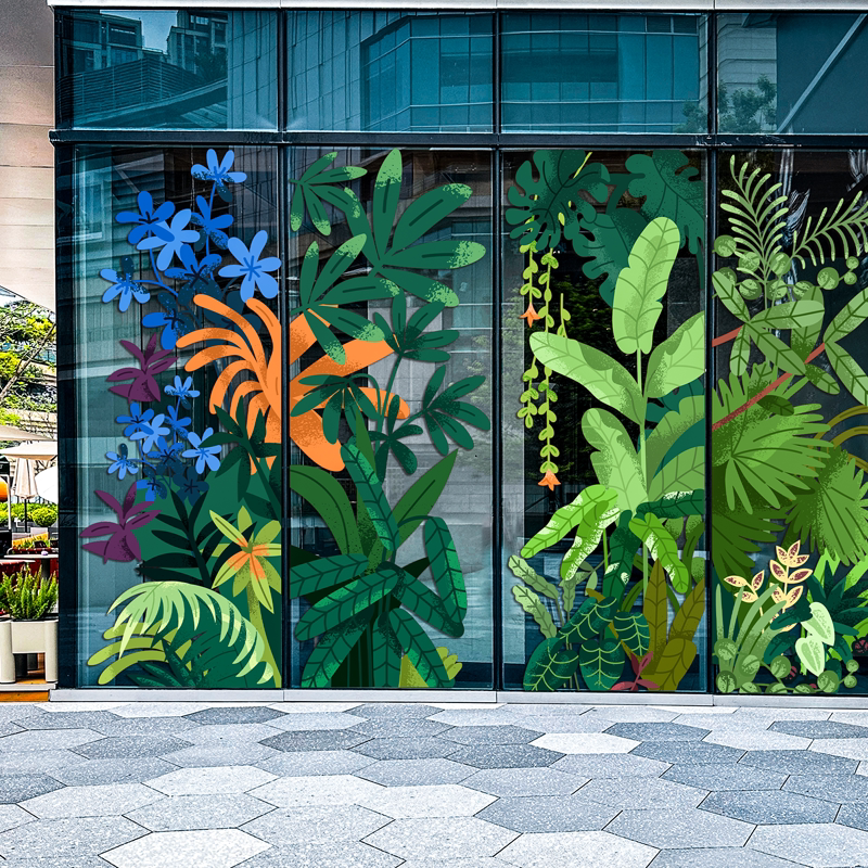 创意绿植花卉玻璃膜推拉门贴纸热带植物商场服装店橱窗氛围美化