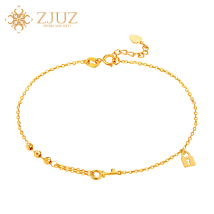 ZJUZ夏日18K金钥匙转运珠锁脚链AU750黄金色脚链送女友七夕礼物