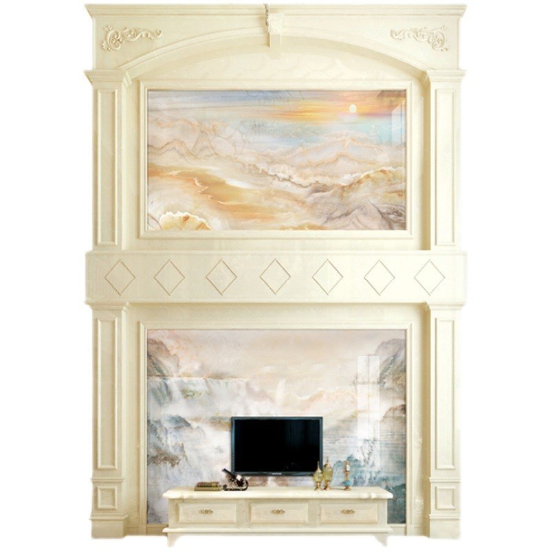 复式楼微晶石电h视背景墙瓷砖z客厅C别墅挑空大R理石岩板影视墙装