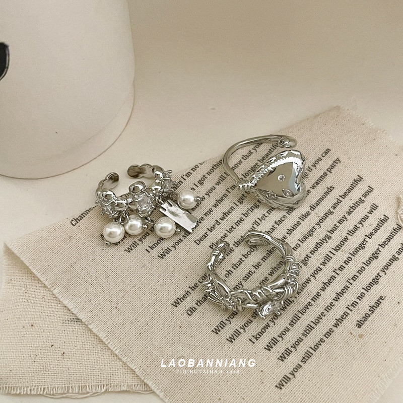 好看!冷淡风珍珠吊坠流苏爱心缠绕锆石戒指无M性别男生指环13792