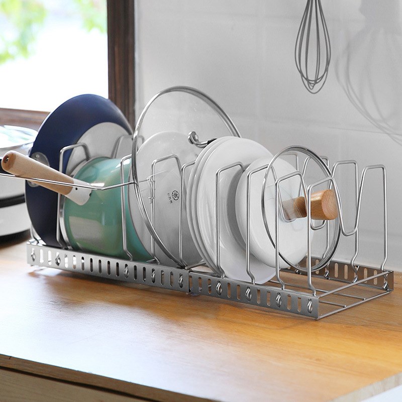 立式锅盖收纳架可调节伸缩 橱柜整理铁G锅沥水架碗碟架 厨房收纳