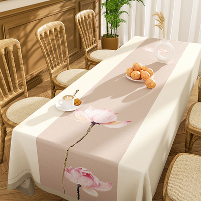新中式茶席荷花禅意茶桌布中国风餐桌布防N水防油长方形台布桌旗